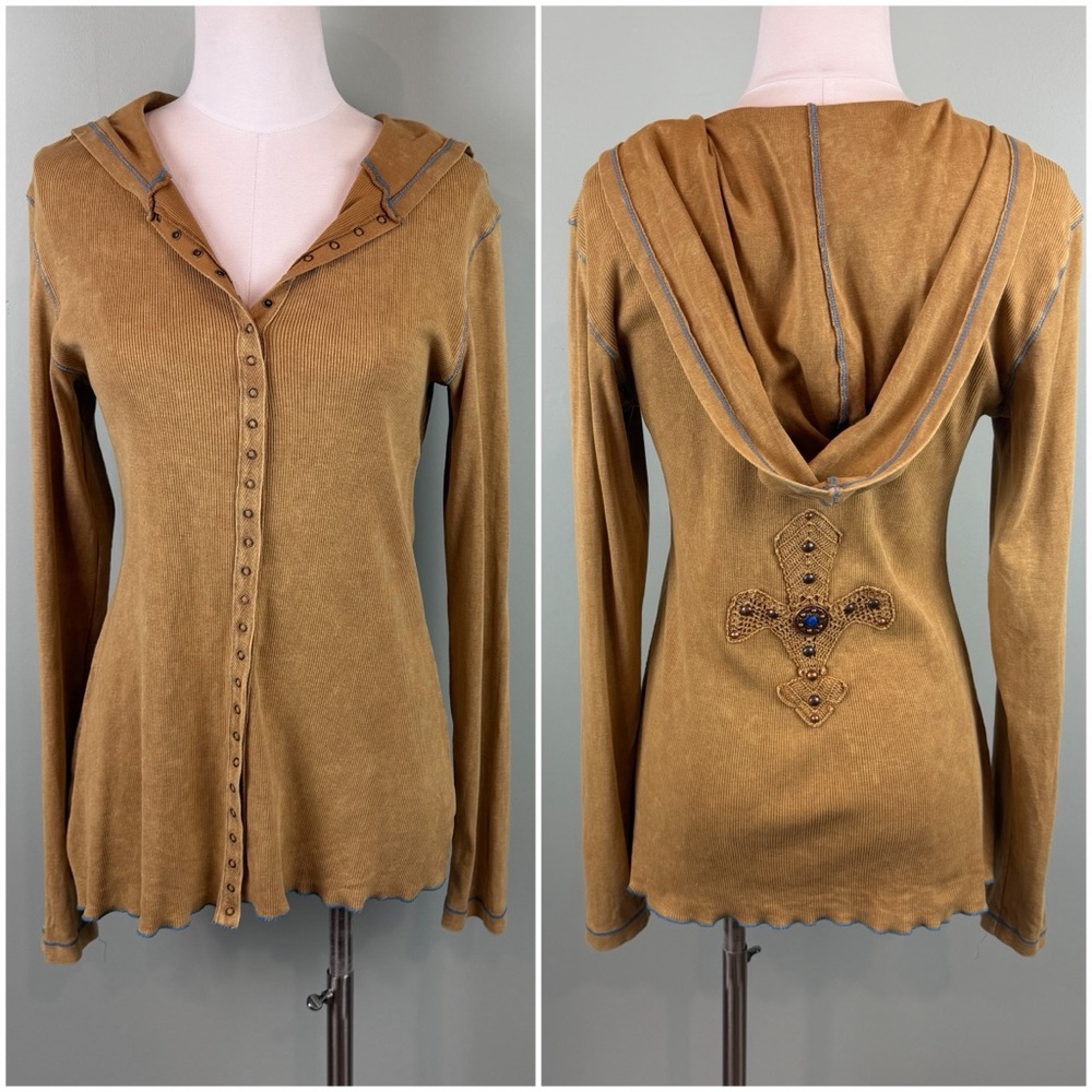 Y2K Marabou long sleeve hooded snap button Tunic blouse, embroidered back Medium